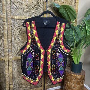 Vintage Carole Little Button Up Beaded Vest Multicolor Artsy Size Large